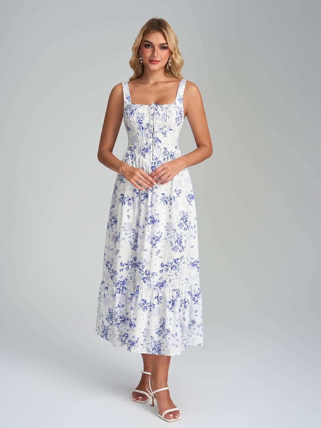 KUTUMAI Summer Corset Midi Wedding Guest Dresses for Women Floral Flowy Lace Up Tea Party Dress Hook and Eye Sundress - Image 4