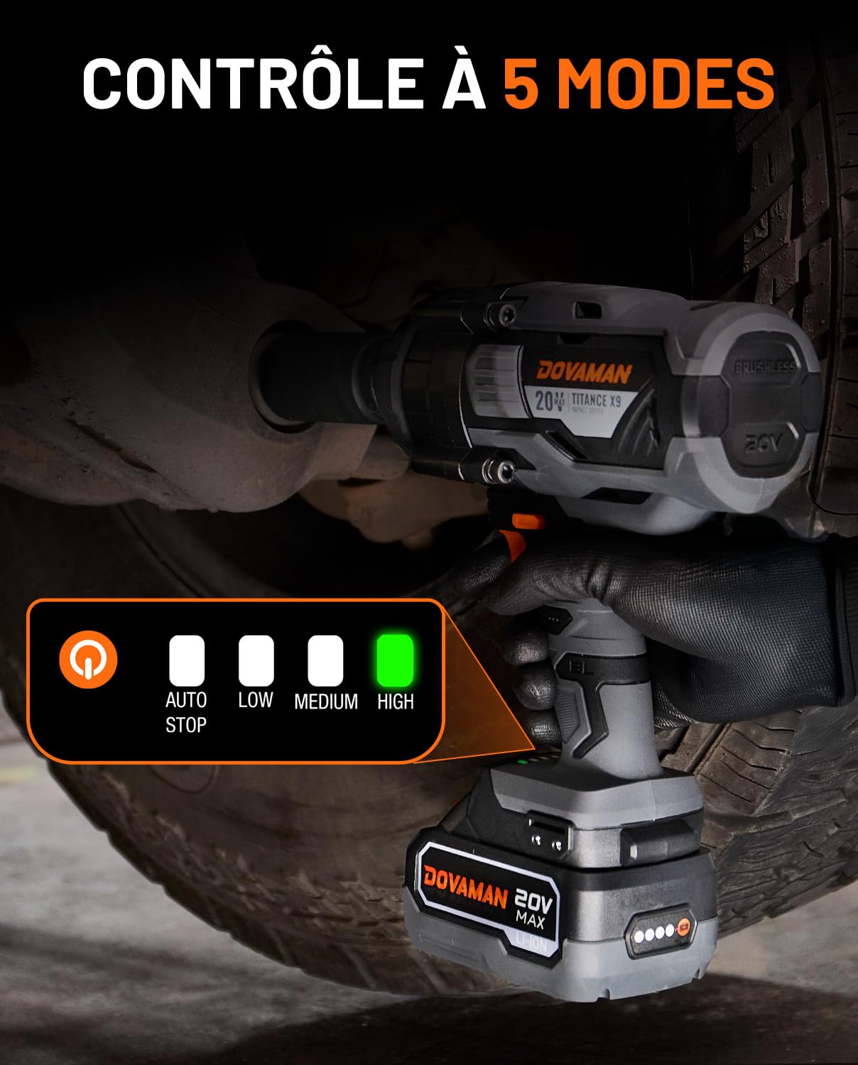 DOVAMAN TITANCE X9 Clé à Choc Sans Fil, 2200Nm Couple Élevé 3/4'' Clé à Choc, 20V Sans Balais, 5 Vitesses, Batterie 4.0Ah, Chargeur, Perceuse à Choc Électrique pour Travaux Lourds