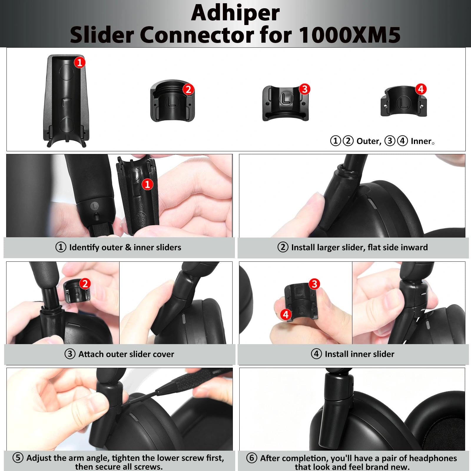 Adhiper Kit di riparazione per cerniera lato destro per Sony WH-1000XM5 | Nero, modellato con precisione per una vestibilità perfetta. Rinforzo ad alta resistenza. Strumenti completi. Facile fai da