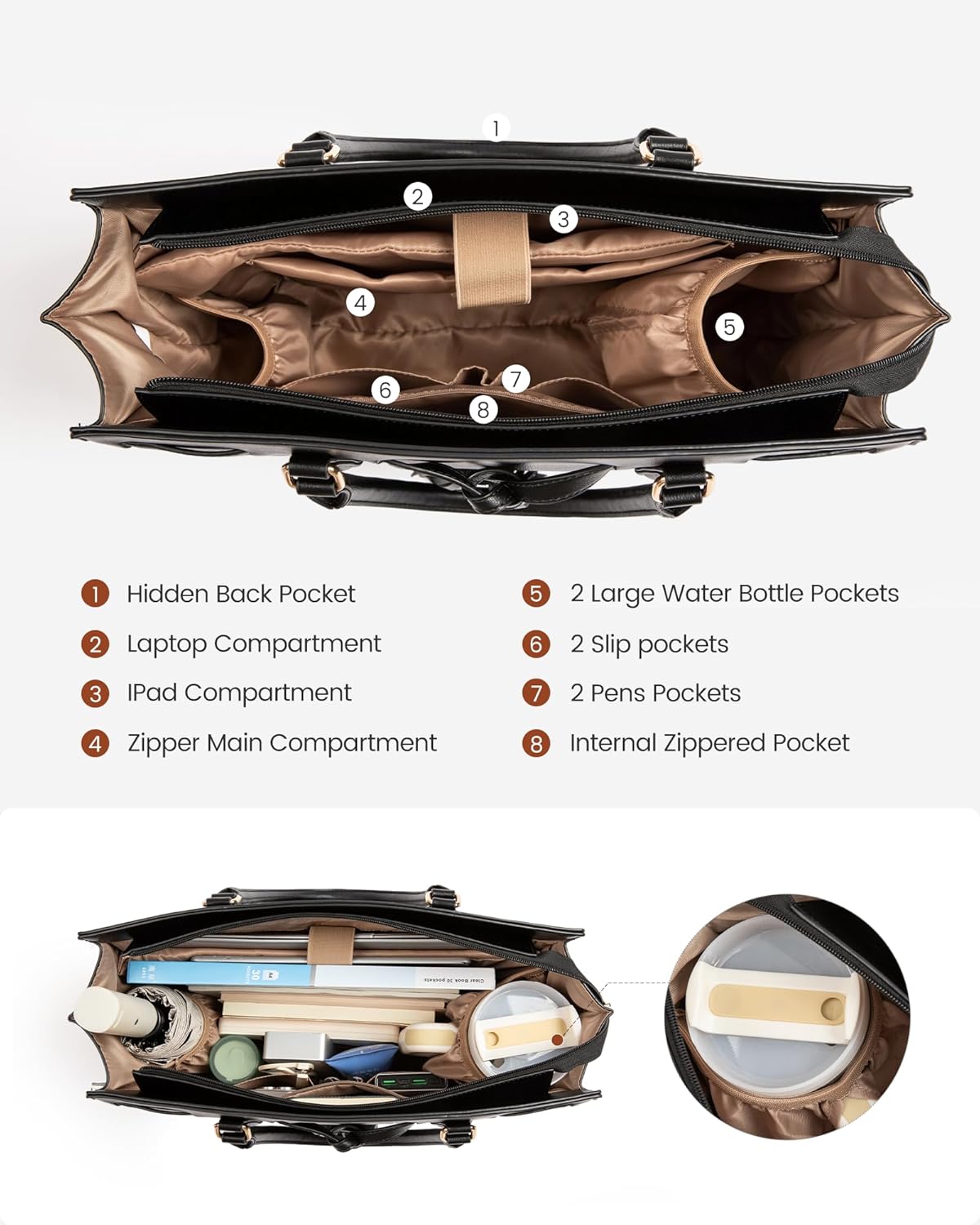 LOVEVOOK Laptop Bag for Women,Work Tote Bag with Large Cup Holder,Leather Computer Bag Teacher Bag Handbag Gifts for Women - Image 3