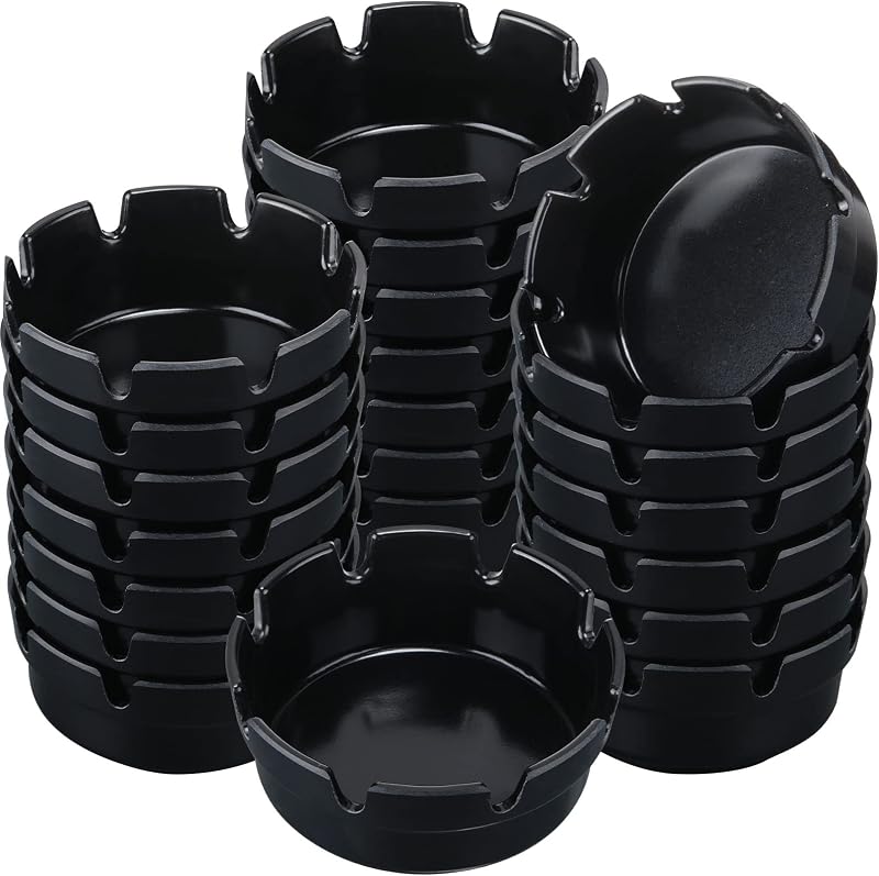 Reginary 24 Pcs 4" Round Ashtrays Bulk Gear Edge for Patio Home,Black | Notched Edges Hold Cigarettes, Easy Clean, For Outdoor Indoor Restaurant Kitchen Table Party, Windproof Stackable Durable