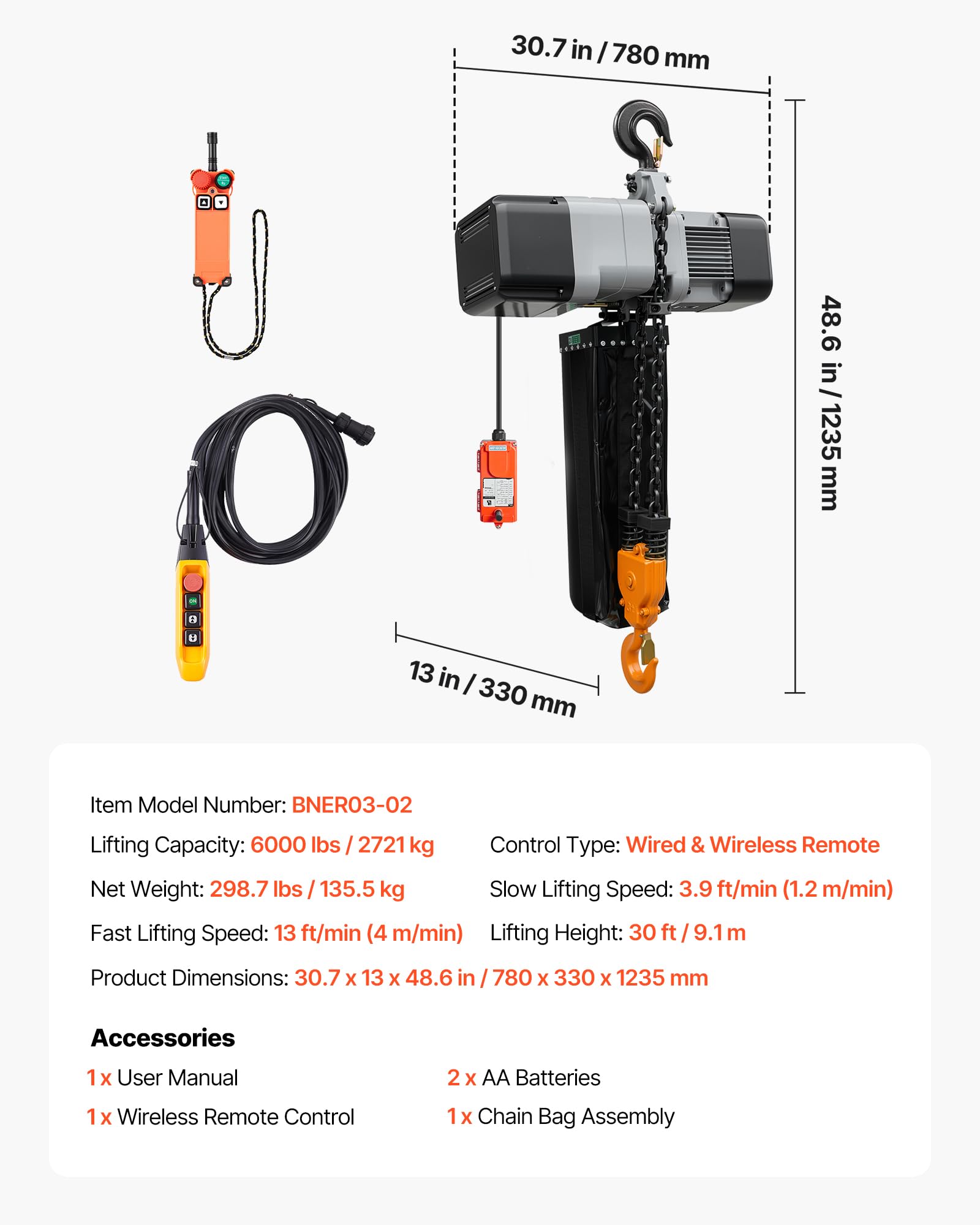 VEVOR Paranco Elettrico a Catena Fisso da 2721 kg, Paranco a Catena Doppia G100, Altezza di Sollevamento 9,1 m, con Telecomando Wireless da 100 m e Telecomando Cablato da 8,2 m, Trifase per Fabbriche