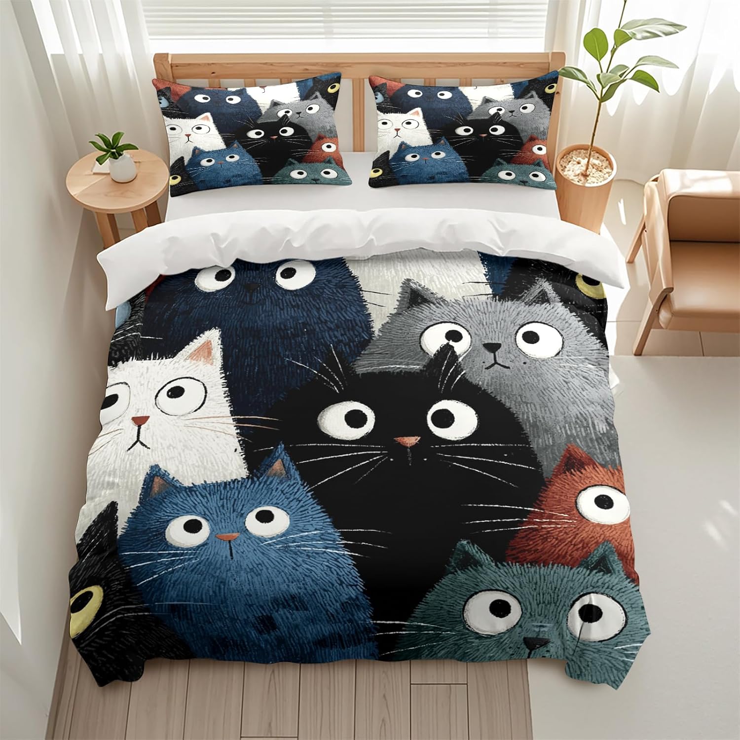 Cute Cat Pattern Duvet Cover Set, 3 Piece Decorative Soft Bedding Set (1 Duvet Cover and 2 Pillowcases), Cute Comforter Cover Set for Gift Bedroom Decoration