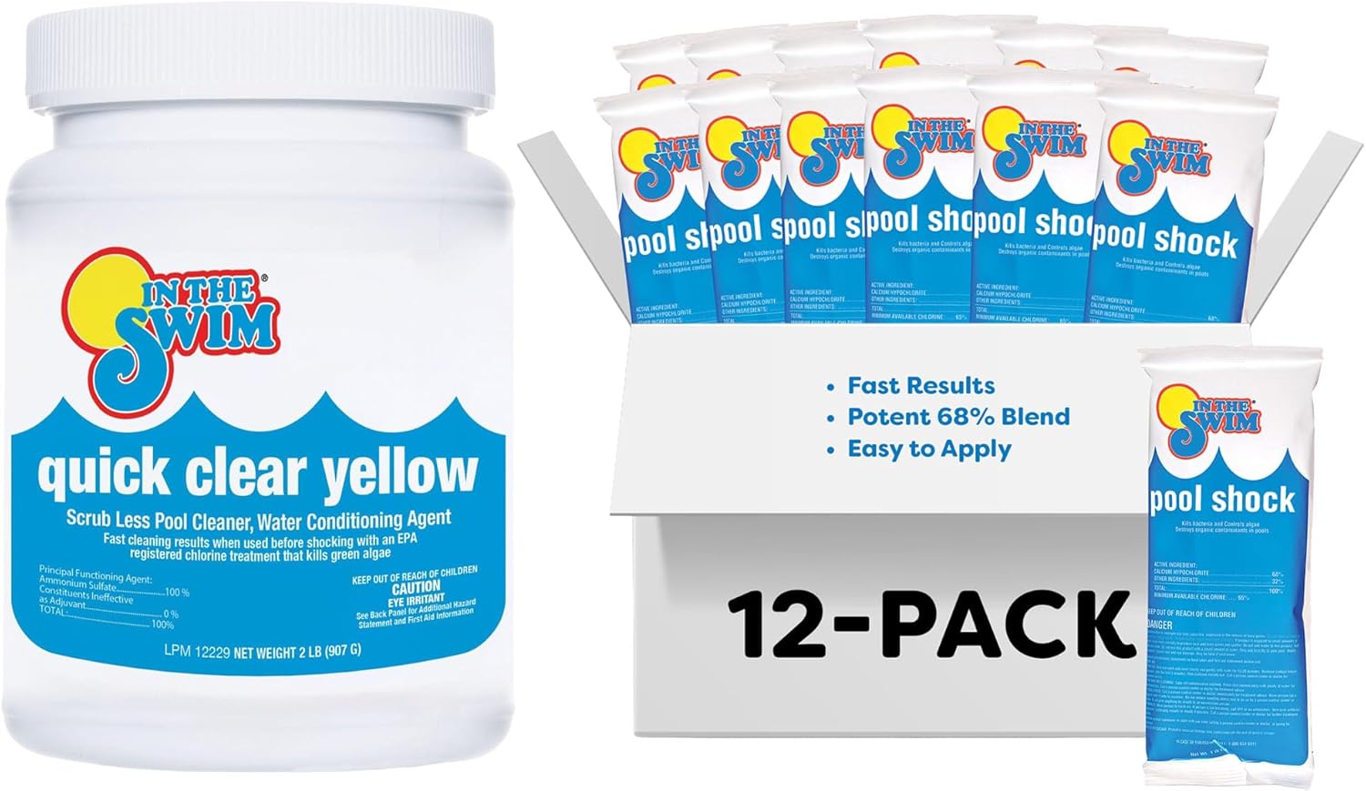 In The Swim Yellow Algae Treatment Kit – 2 Lb Quick Clear Yellow + 12 x 1 Lb Cal Hypo Pool Shock – 2-Step Solution for Mustard Algae Removal and Crystal-Clear Water