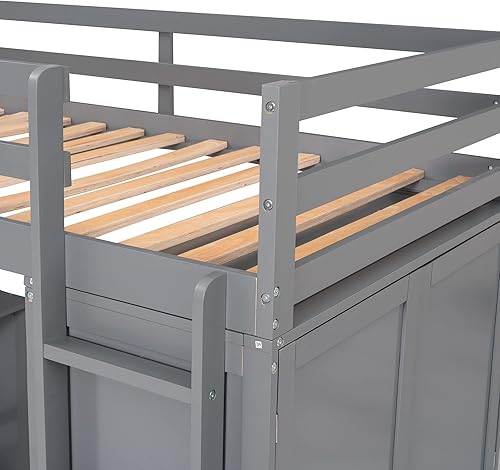 Miniatura 233 de Cama alta funcional tamaño individual con 2 cajones y 2 armarios, base de cama de madera maciza con barandilla de seguridad y escalera de