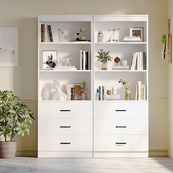 oneinmil Bookcase with 3 Drawers, Tall Bookshelf Display Rack with 3-Tier Open Shelves, Storage Shelves for Home Office, Living Room, Bedroom, White, 6 Tier