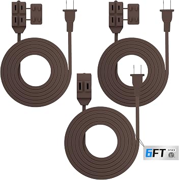 HBN Indoor Extension Cord 6ft 3 Pack Brown, 3 Outlets with Safety Cap Included, 2 Prong Polarized Plug, Perfect for Homes, Offices, and Kitchens
