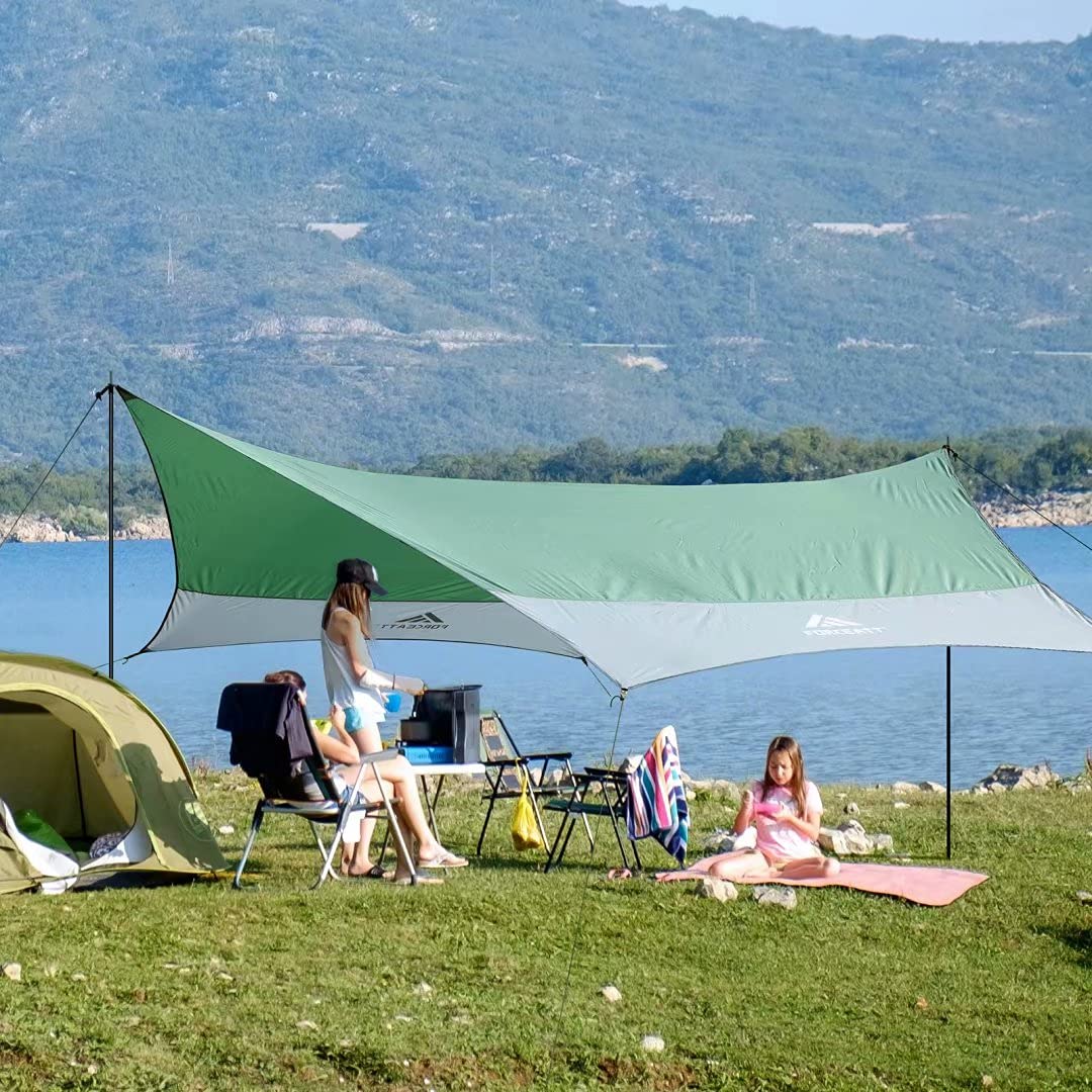 Forceatt Tenda Parasole da Campeggio, 3,7 * 4,3 m Tarp con 6 Punti di Fissaggio Può Essere Utilizzato con Tenda e Amaca Escursionismo, Zaino in Spalla e Giardino