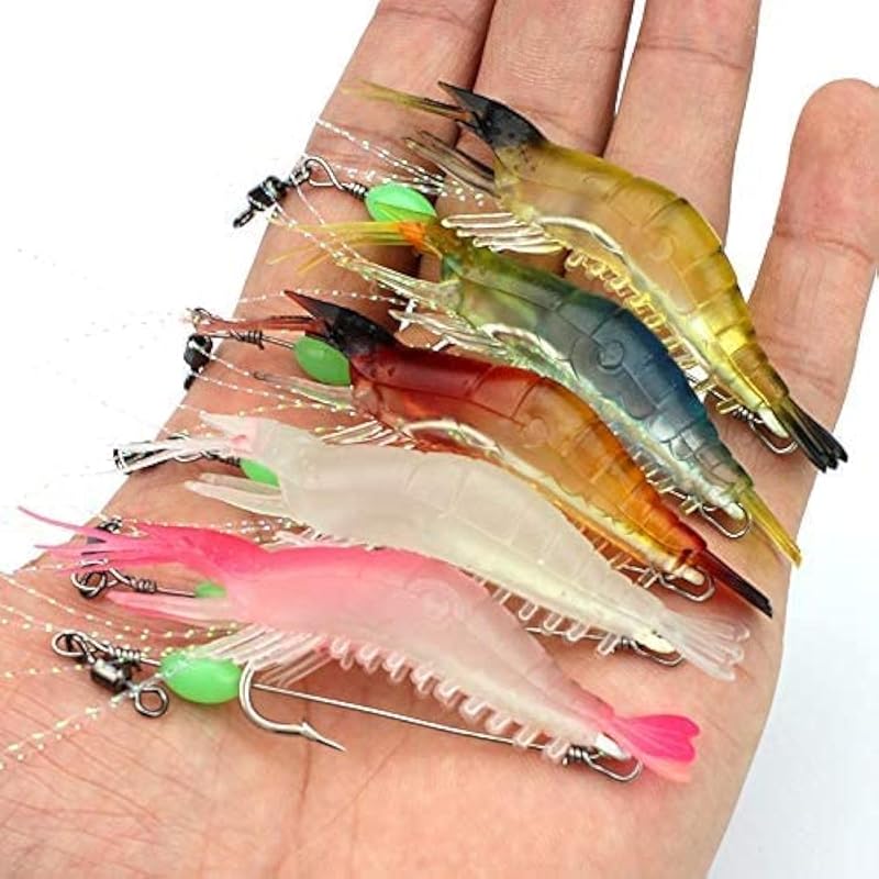 5pcs Soft Luminous Shrimp Lure Set, 5 Colors Shrimp Bait with Hooks and Beads - Fishing Tackles for Freshwater and Saltwater Bass, Trout, Catfish, Salmon
