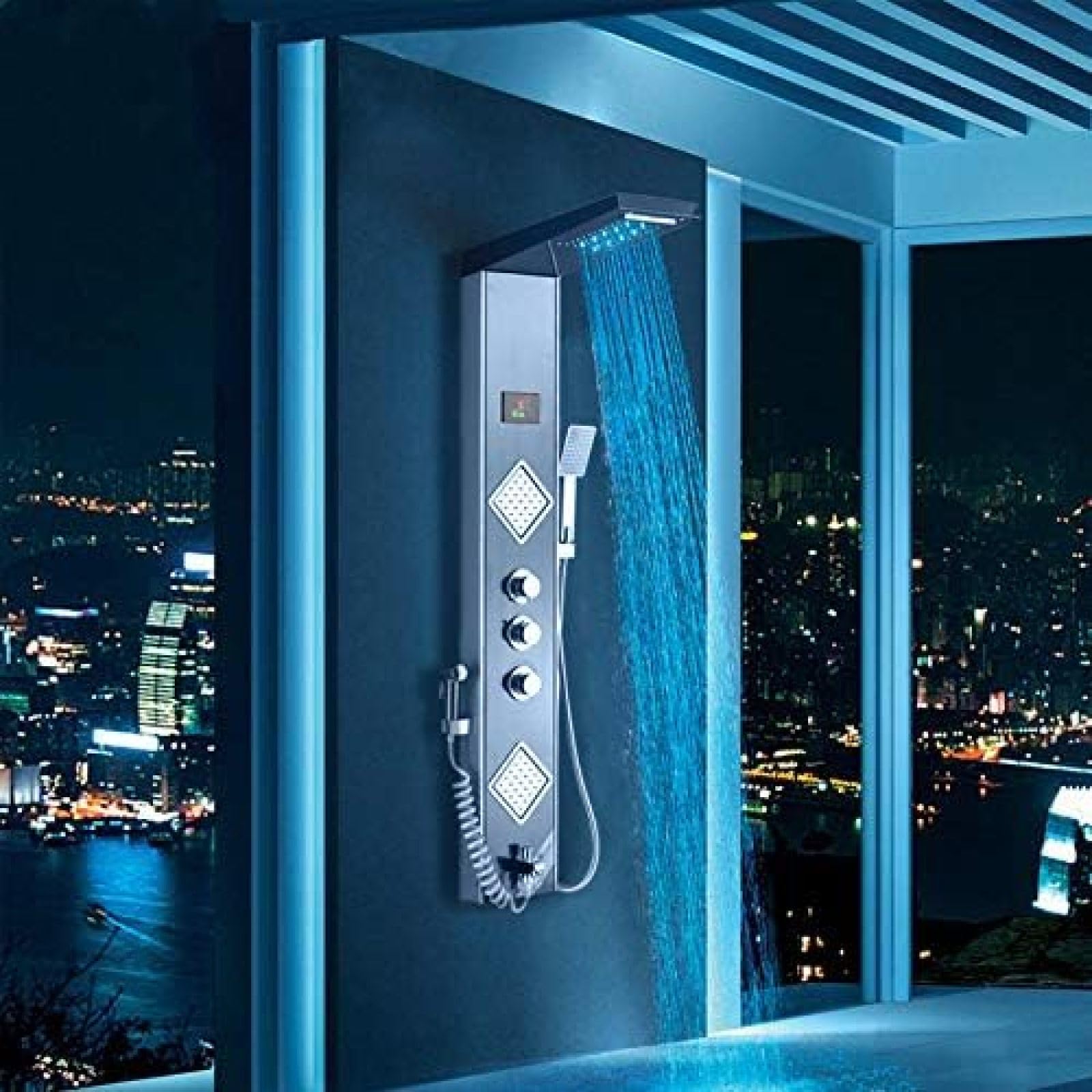 VASDEV Panel para Ducha LED Negro y Gris, Columna de Lluvia, Cascada, Cabezal de Ducha, Pantalla Digital, Temperatura, 3 manijas, Grifo Mezclador, pulverizador, Ducha de bidé