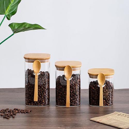 Miniatura 7 de VISIBLE Recipiente de almacenamiento de vidrio sellado Airlock con tapa hermética de bambú y cuchara, perfecto para alimentos, 40 onzas líquidas