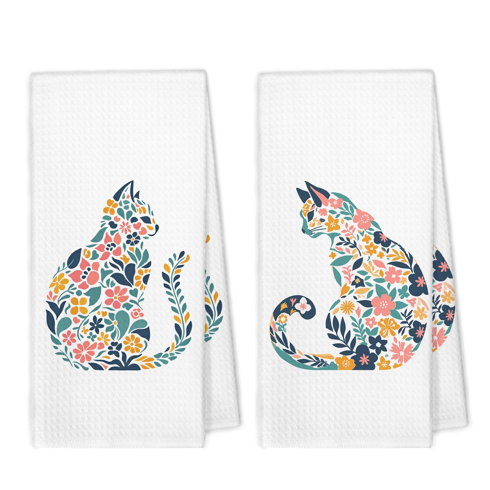 XBBMGG Flower Cat Kitchen Towels Set of 2, Floral Cat Dish Hand Tea Towels, Kitten Lovers Mom Lady Gifts Decorative Towels for Bathroom Kitchen, 16x24