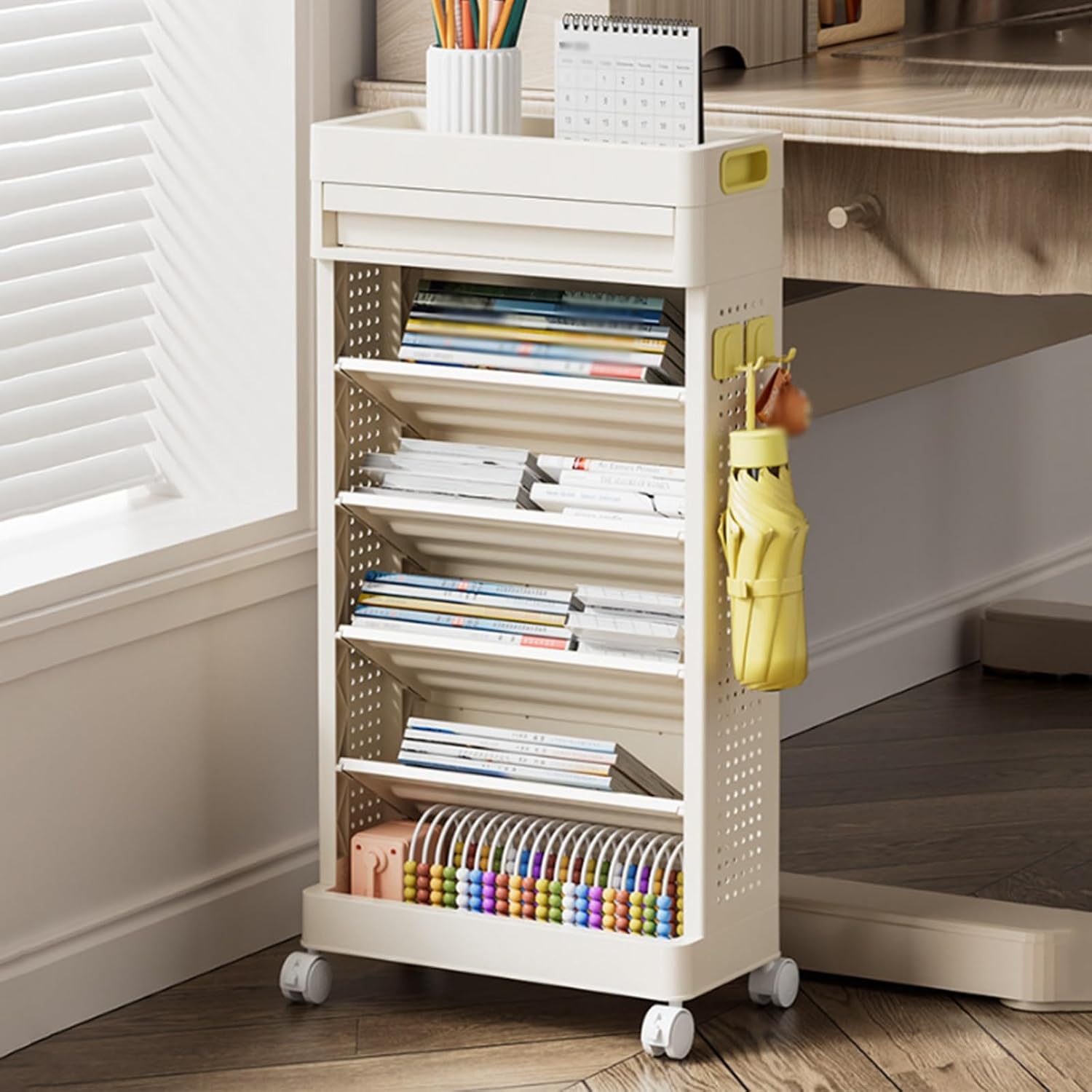 7 Tier Rolling Book Cart, Mobile Bookshelf with Wheels,Sloping Shelf Design, Rolling File Storage Paper Organizer with Drawers & Hook Up for Study Office Bedroom