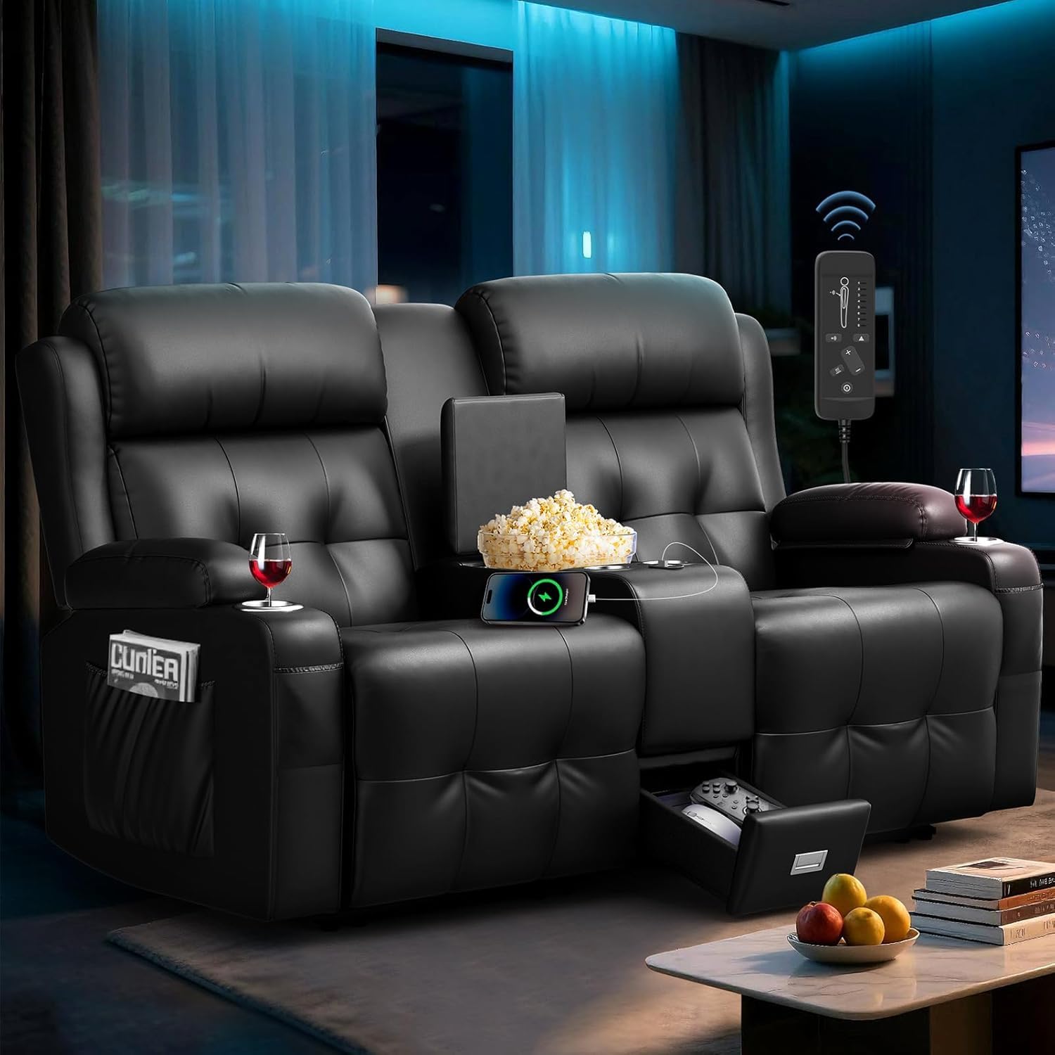 RV Loveseat Recliner Sofa, Home Theater Seating with Console &amp; Massage