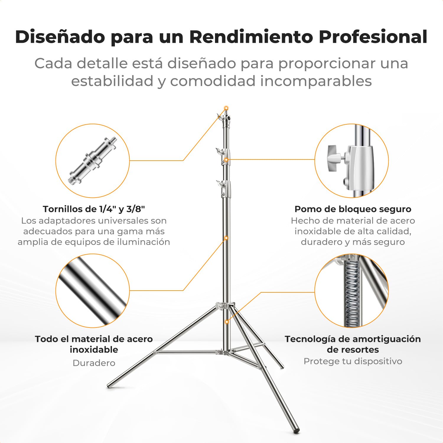K&F CONCEPT 280cm Soporte de luz de Resorte de Acero Inoxidable, Soporte de luz de fotografía Plegable, Soporte de Alta Resistencia con Adaptador de 1/4'' & 3/8", Last 10kg