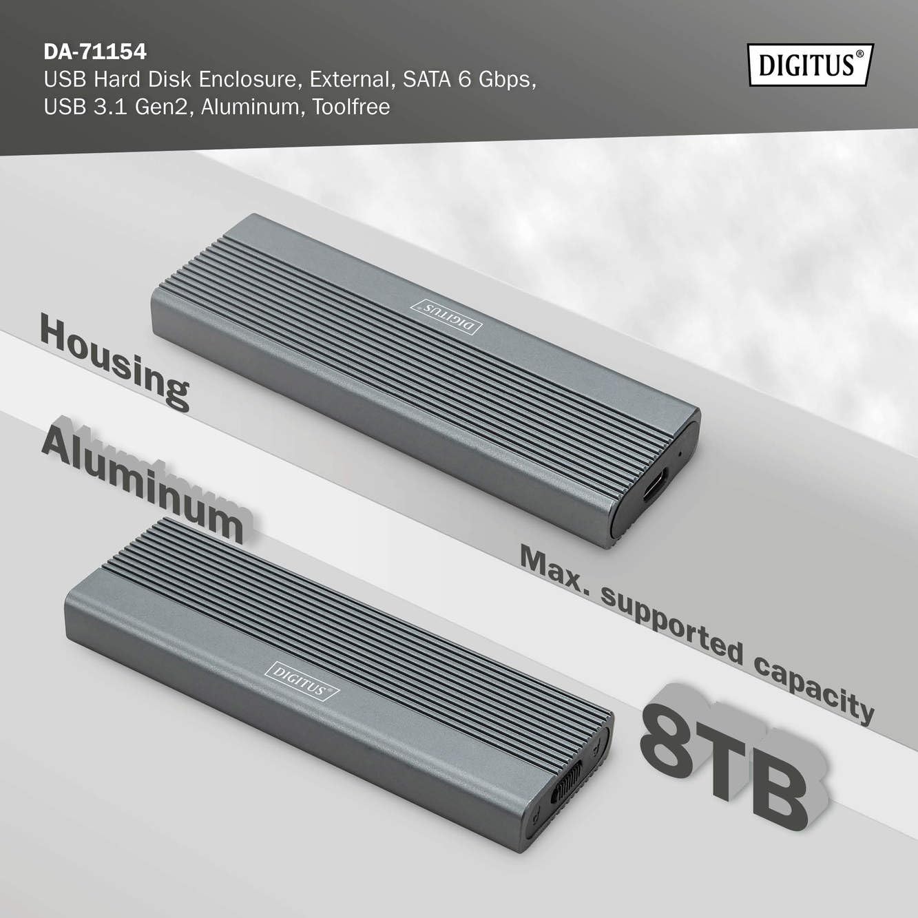 DIGITUS alloggiamento esterno M.2 - USB 3.1 Gen2 Type-C - 6 Gbit/s - Supporta SSD SATA fino a 8 TB - per SSD 2230/2242/2260/2280 con B-Key - Senza attrezzi - Alloggiamento in alluminio - Grigio