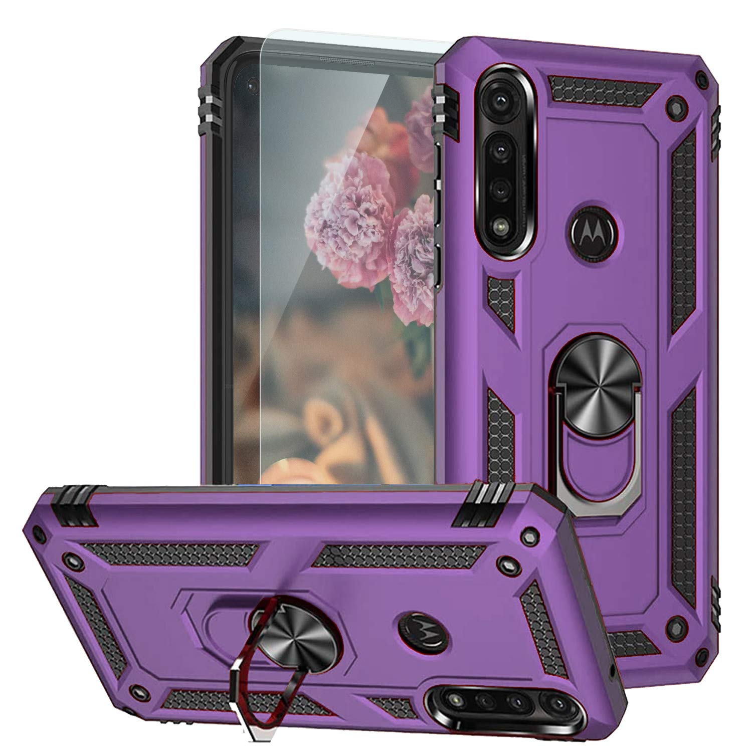 TJSPhone Case Compatible with Motorola Moto G Power (2020), with [Tempered Glass Screen Protector] Impact Resistant Metal Ring Magnetic Support Heavy Duty Protector Cover (Purple)