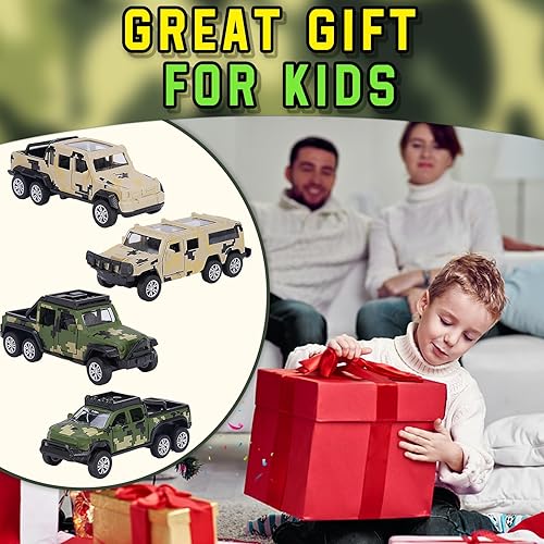 Miniatura 7 de Juego de camión de vehículos militares fundidos a presión, paquete de 4 juguetes de metal modelo del ejército, juegos de autos todoterreno, regalos