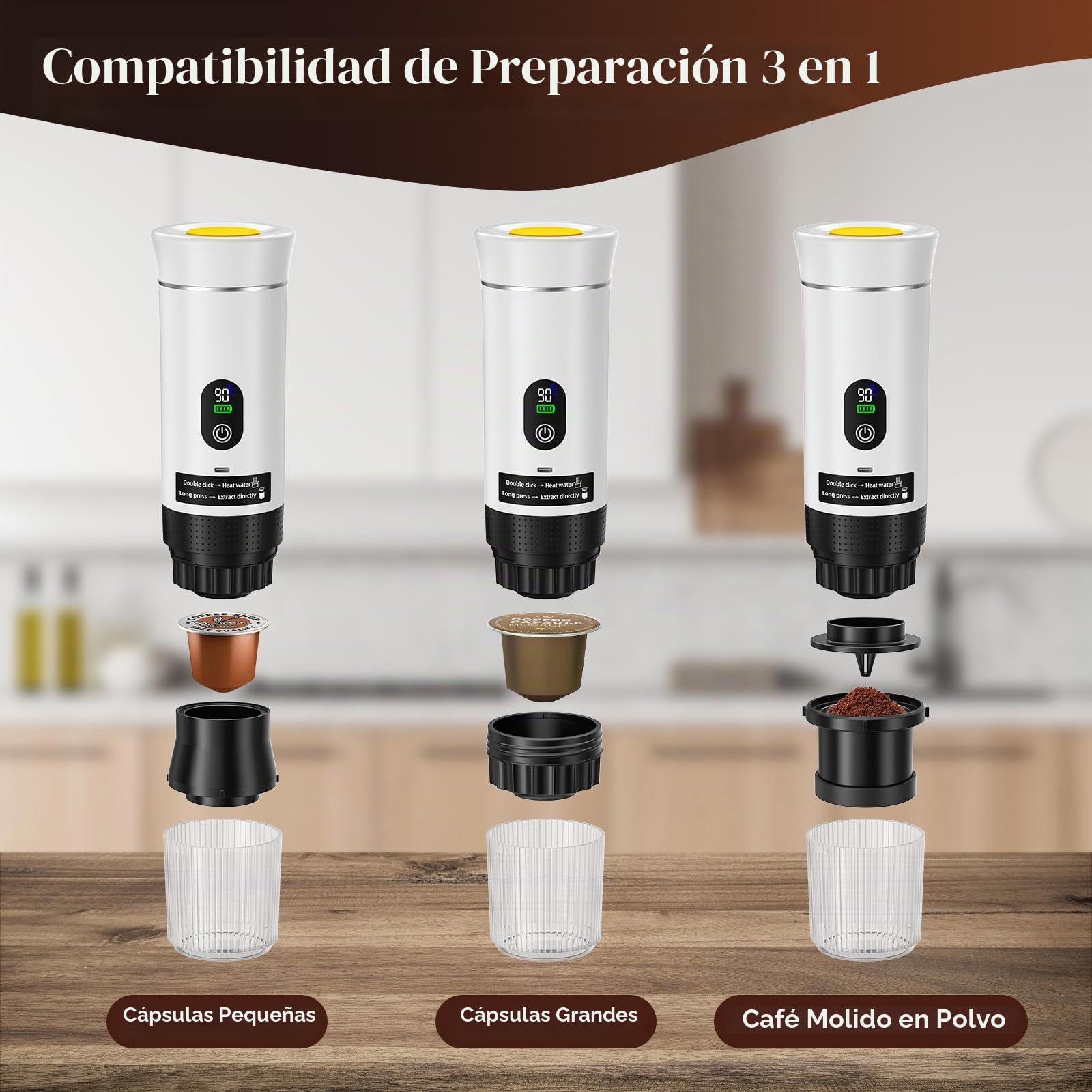 Máquina de Café Portátil, 3 en 1 Cafetera Espresso de Batería, Compatible con Cápsulas y Café Molido, Regalos para Autocaravana y Camping (Blanco)