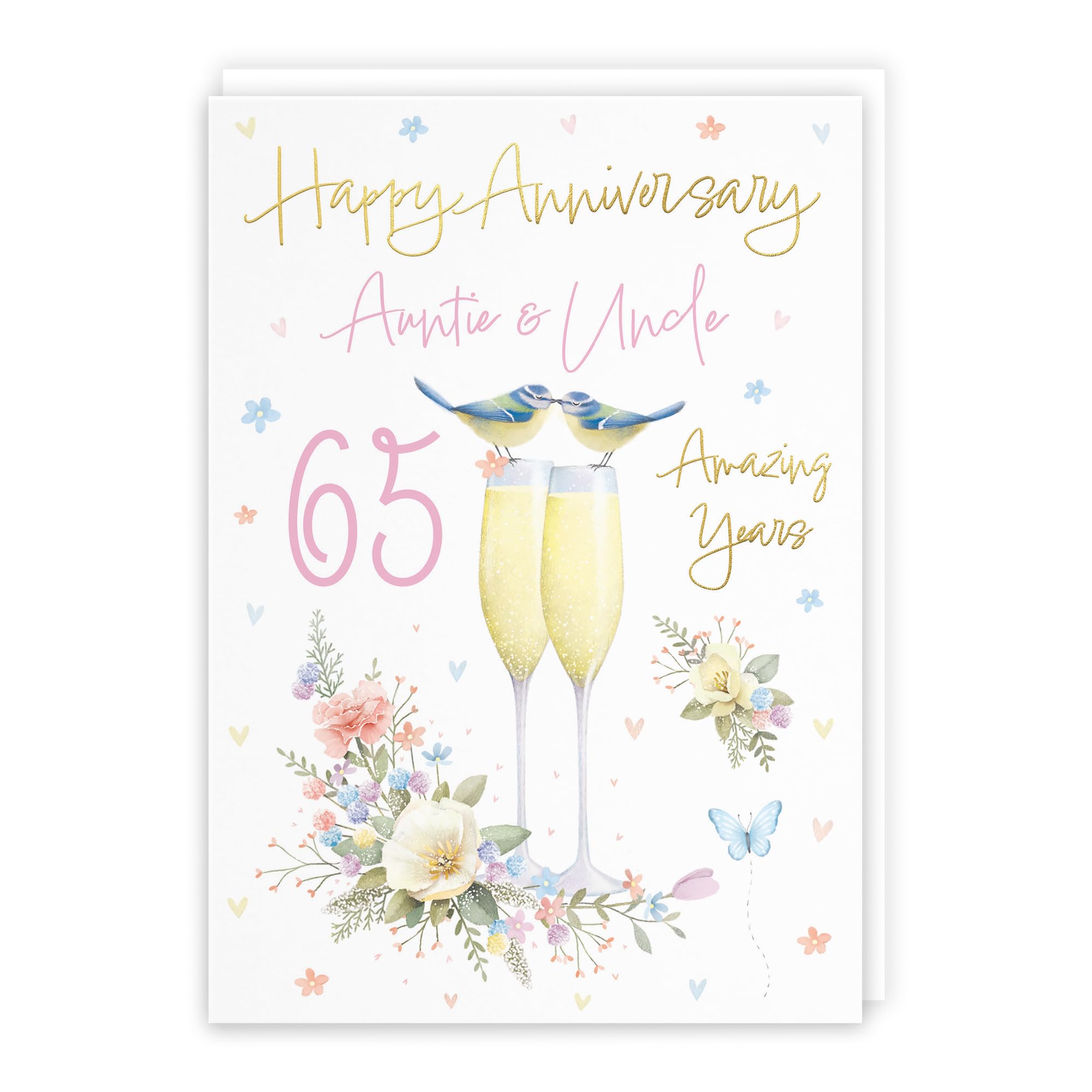 Hunts England, Auntie And Uncle 65th Anniversary Card, A5 Size, Champagne Flutes, Gold Foil