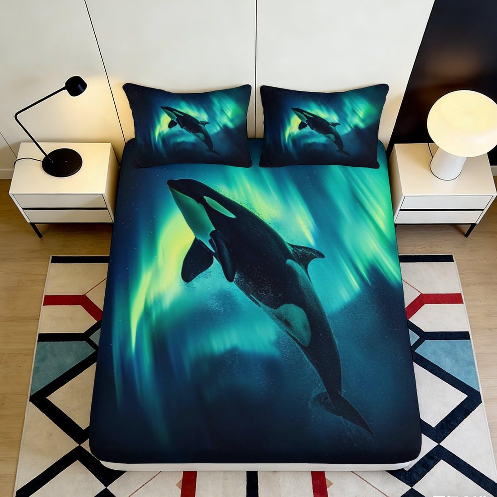 3D Printed Orca Northern Lights Fitted Sheet Microfiber Soft Breathable Aurora Mattress Cover for Bedroom Dormitory Guest Room Protection 140x200x25cm
