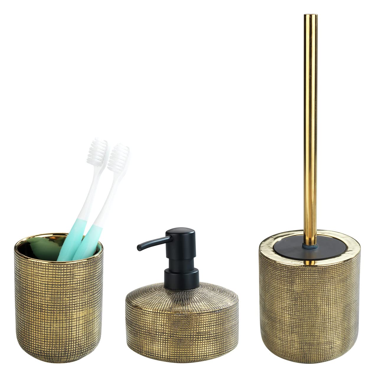 WENKO Bad-Accessoire Set Mod. Rivara, 3-teilig, jedes Element handbemalt, bestehend aus einem Zahnputzbecher, einem Seifenspender & Einer WC-Garnitur, Gold