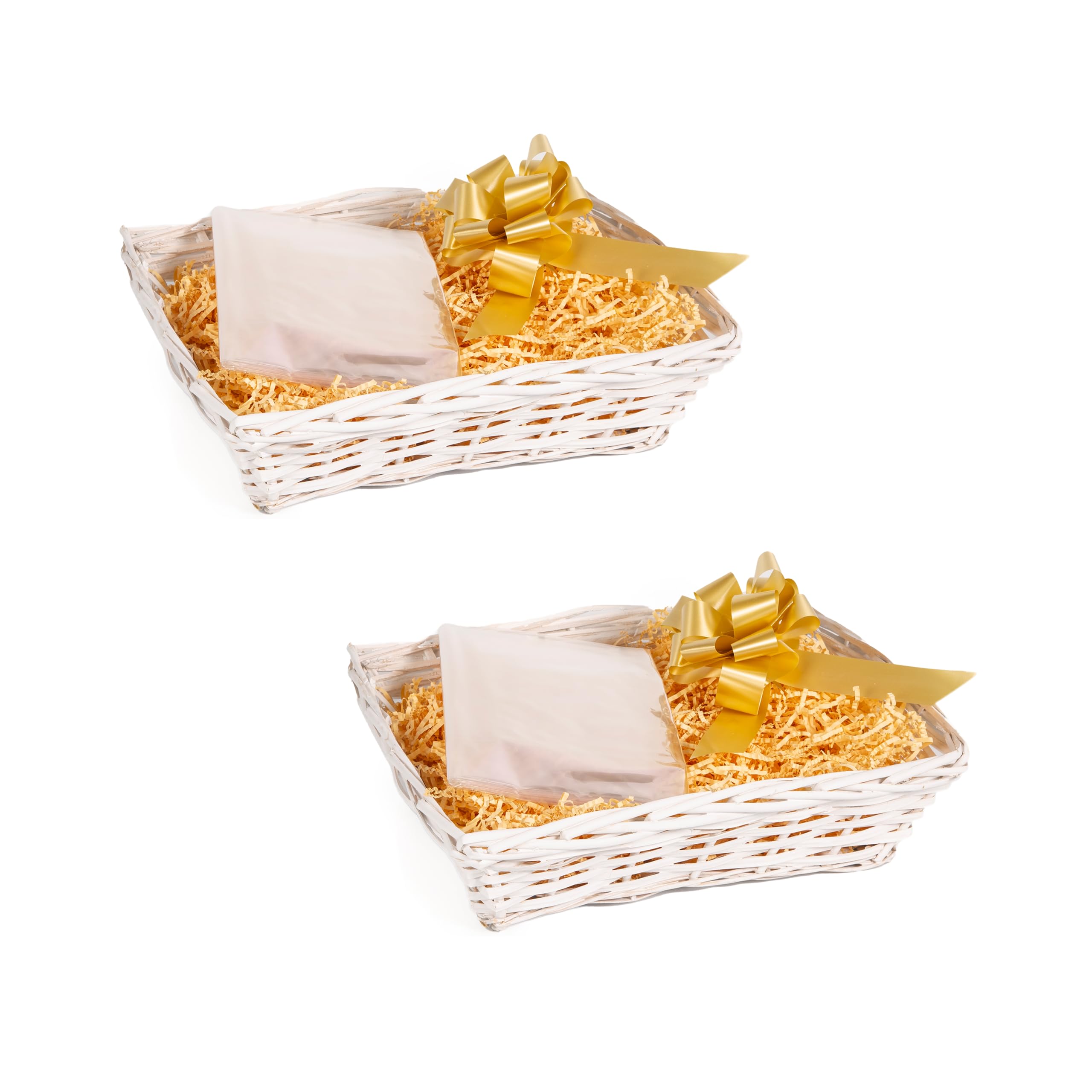 2PCS White Wicker Hampers DIY Gift Basket Hamper Kit Shredded Paper Cello Wrap Pull Bow (Beige)