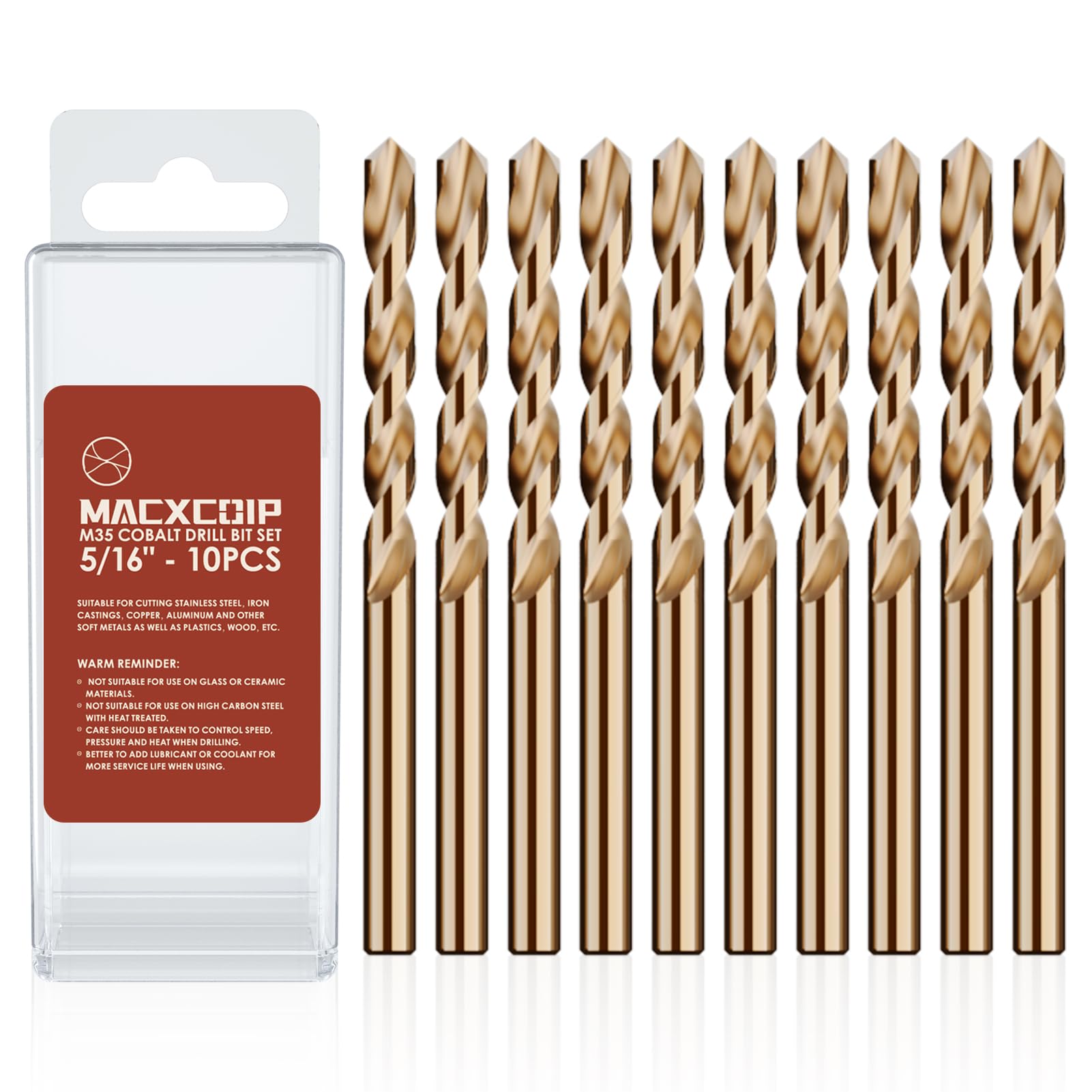 5/16" (10pcs) Cobalt Drill Bit Set, M35 High Speed Steel Jobber Length Drill Bit Kit for Hardened Metal, Stainless Steel, Cast Iron, Wood and Plastic, with Index Storage Case