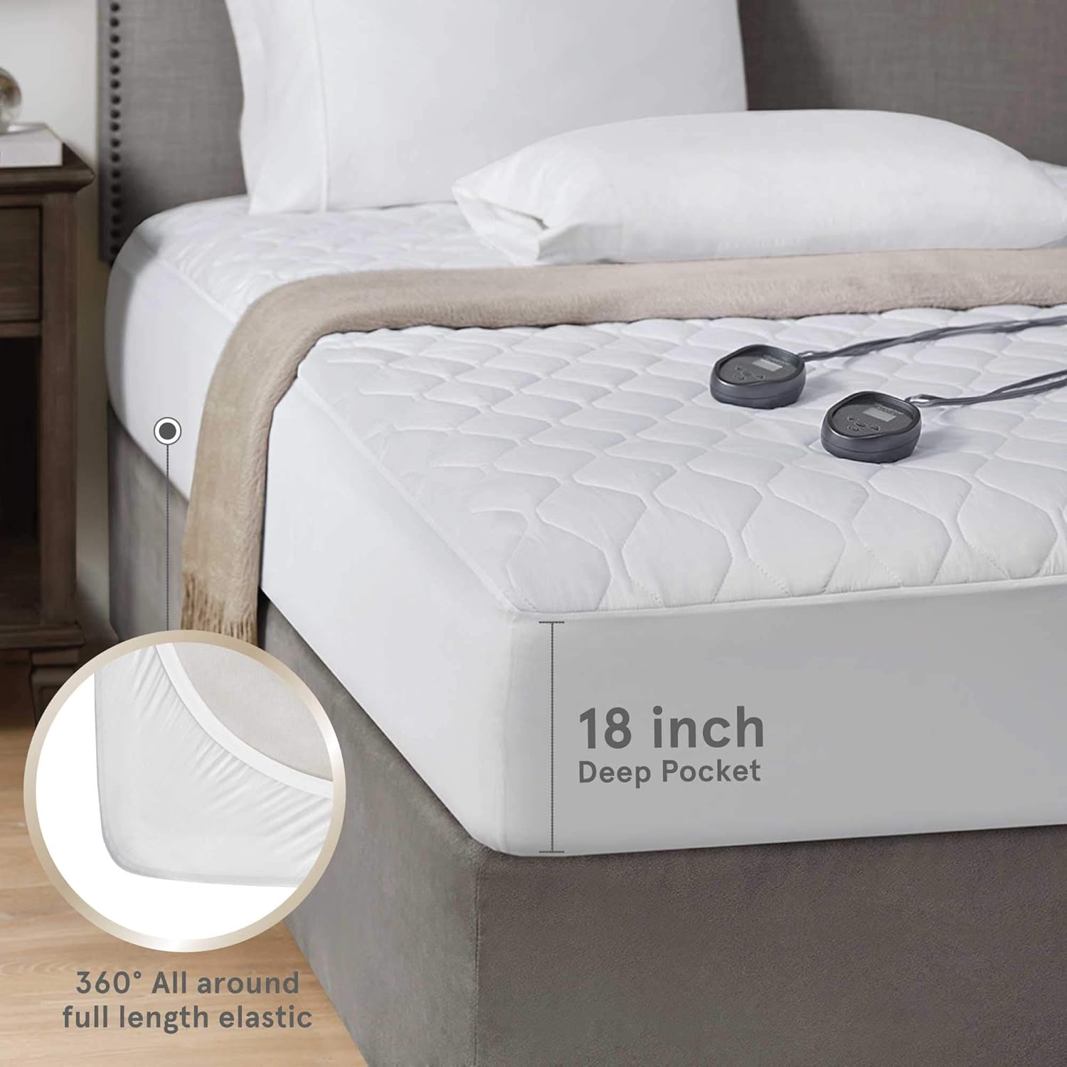 Close-up of the Beautyrest Heated Mattress Pad's 18-inch deep pocket with 360-degree elastic.