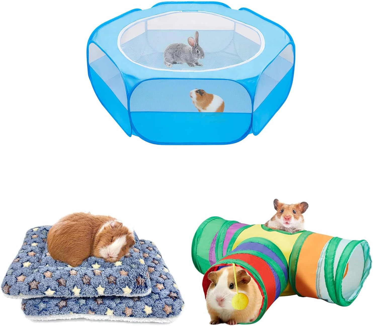 Guinea Pig Playpen with Cover, Hamster Playpen with Top & 2 Pcs Guinea Pig Bed Mat Washable, Rabbit Winter Bed Pad for Indoor & Guinea Pig Tunnels and Tubes, Hamster Play Tubes with 3 Way