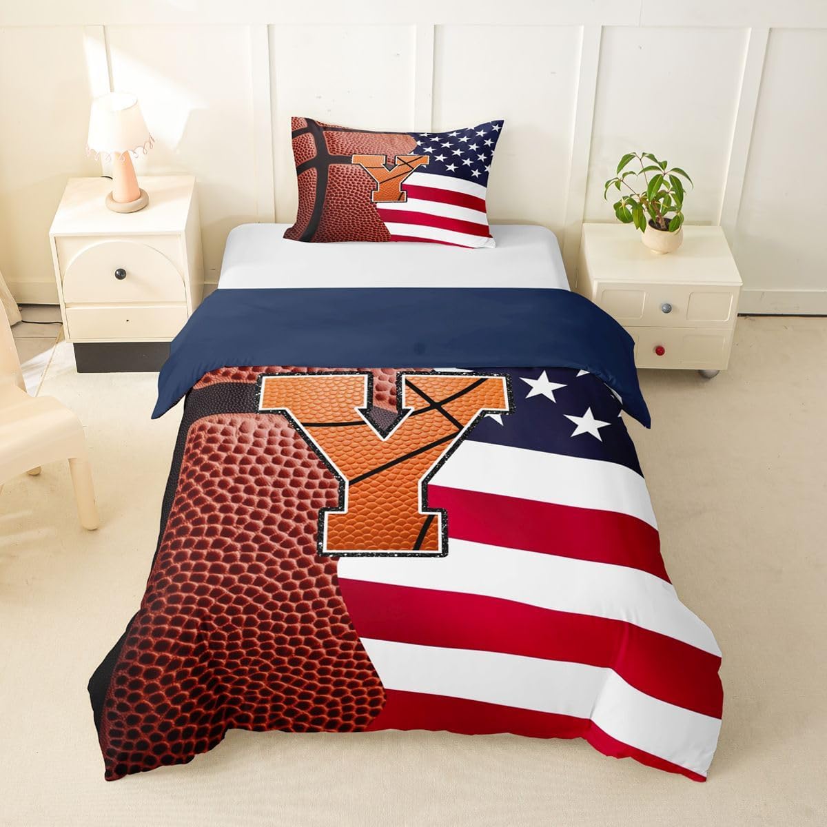 jejeloiu Basketball Initials Z Duvet Cover Toddler Size American Flag Bedding Set Breathable Soft Sports Ball Games Comforter Cover 2Pcs Alphabet Letter Bedroom Decor