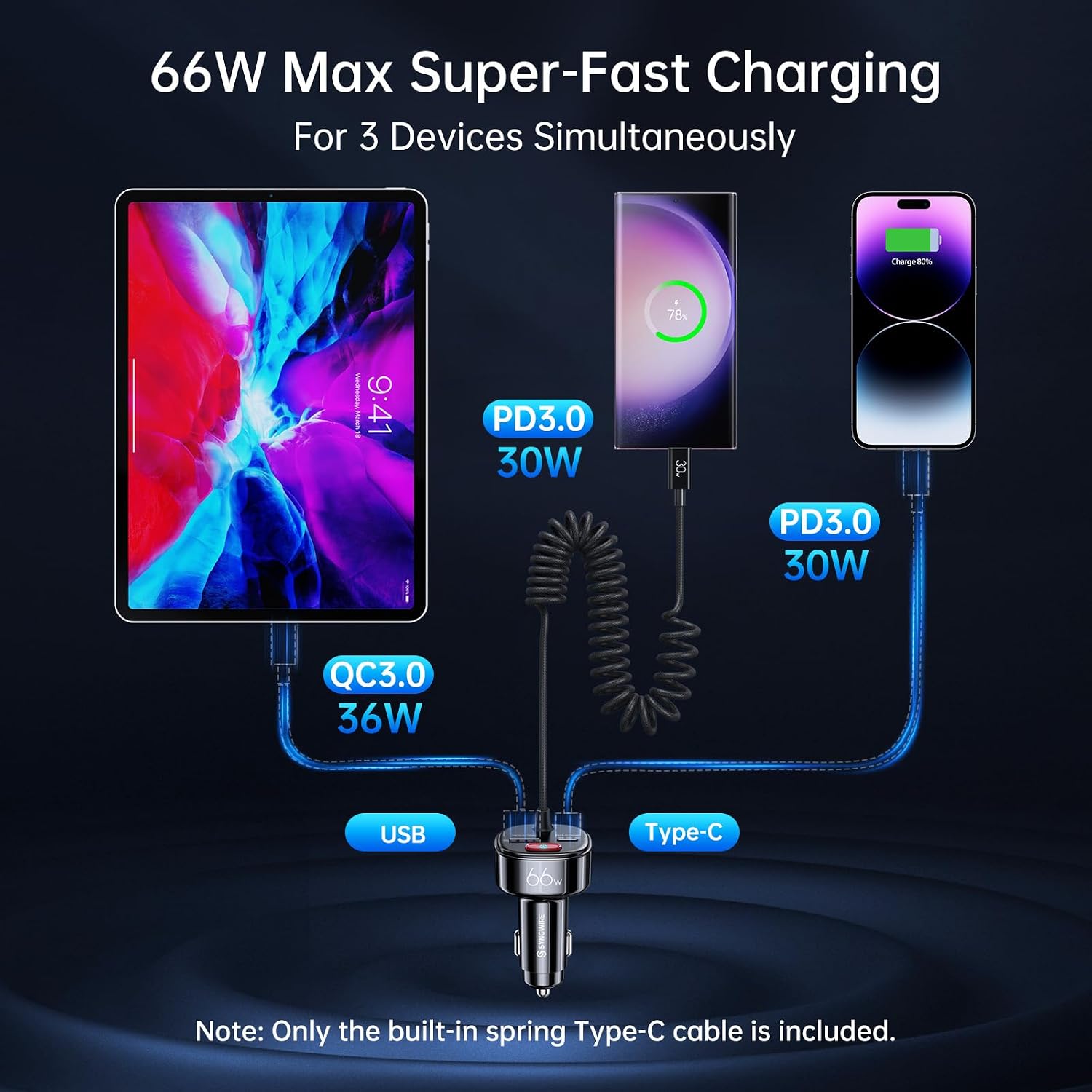 Syncwire USB C Car Charger with [Battery Leakage Prevention] 66W Super Fast Car Adapter with PD & QC 3.0 Built in 6FT Type C Coiled Cable for Samsung Galaxy/Google Pixel/Moto/Android, iPhone,iPad Pro