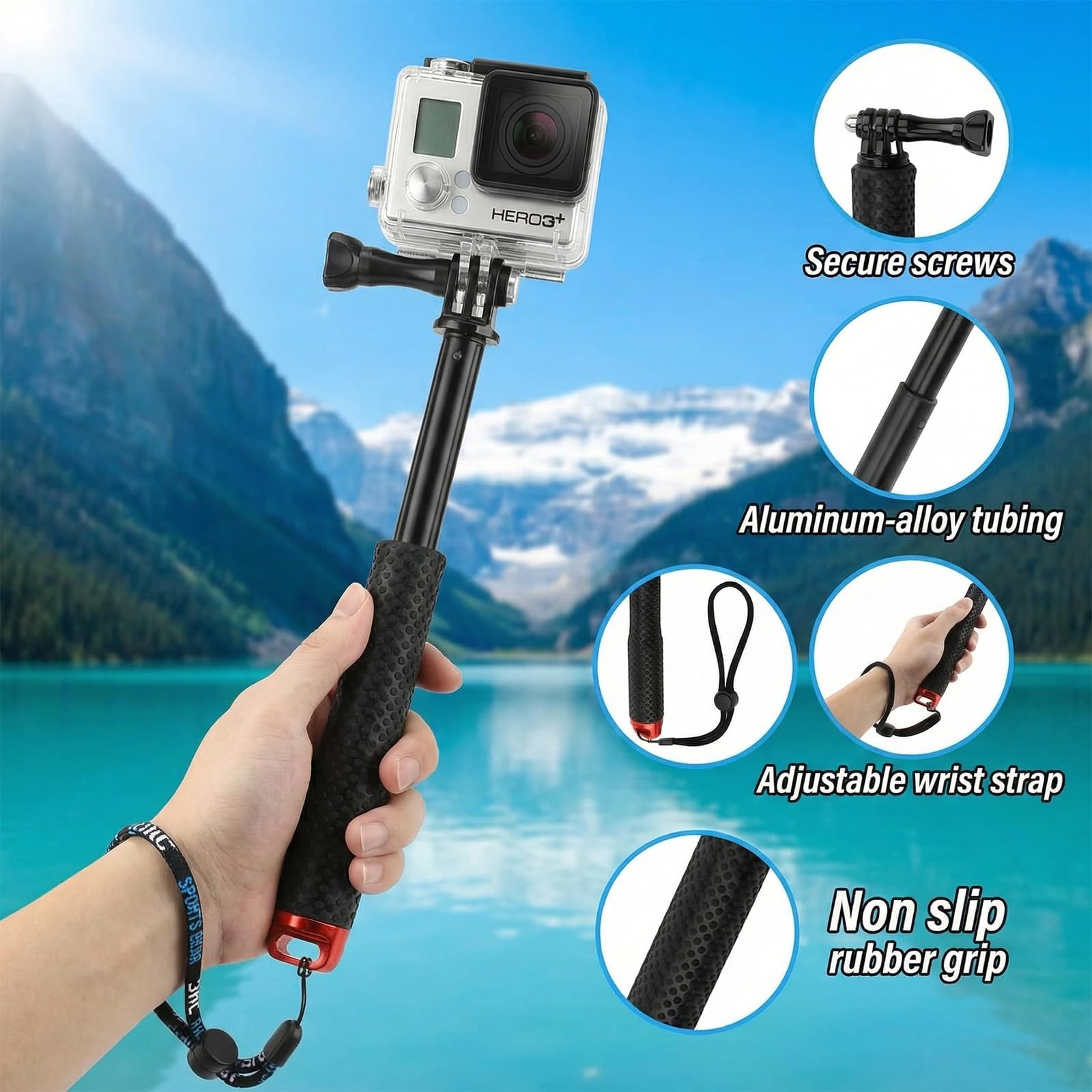 Perche Etanche pour GoPro et Action Cam, télescopique 49 cm, Format Compact 18 cm, Perche à Selfie Etanche sous Marine, Compatible DJI Osmo Action, Insta360 Ace Pro