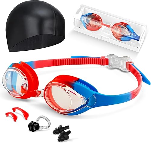 Gafas de natación para niños, antivaho y protección UV con gorro de natación para niños de 3 a 15 años
