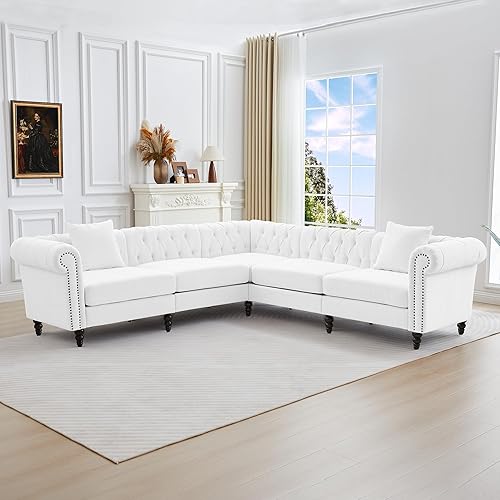 Miniatura 8 de LEVNARY Sofá Seccional Chesterfield en Forma de L de 98" x 98", Sofá de Tela Similar al Lino de 5 Asientos con Brazos Enrollados, Sofá de Esquina