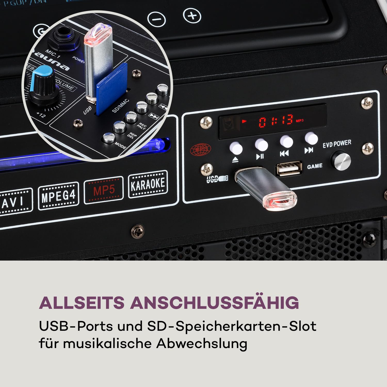 auna Pro DisGo Box 2100 DVD Mobile PA-Anlage, 300 W max., 9" (23 cm) TFT-Display, DVD-Player, 2 x 10 (25,5 cm) Subwoofer, Bluetooth-Funktion, XMR Bass Technology, drahtloses UHF-Mikrofone, anthrazit