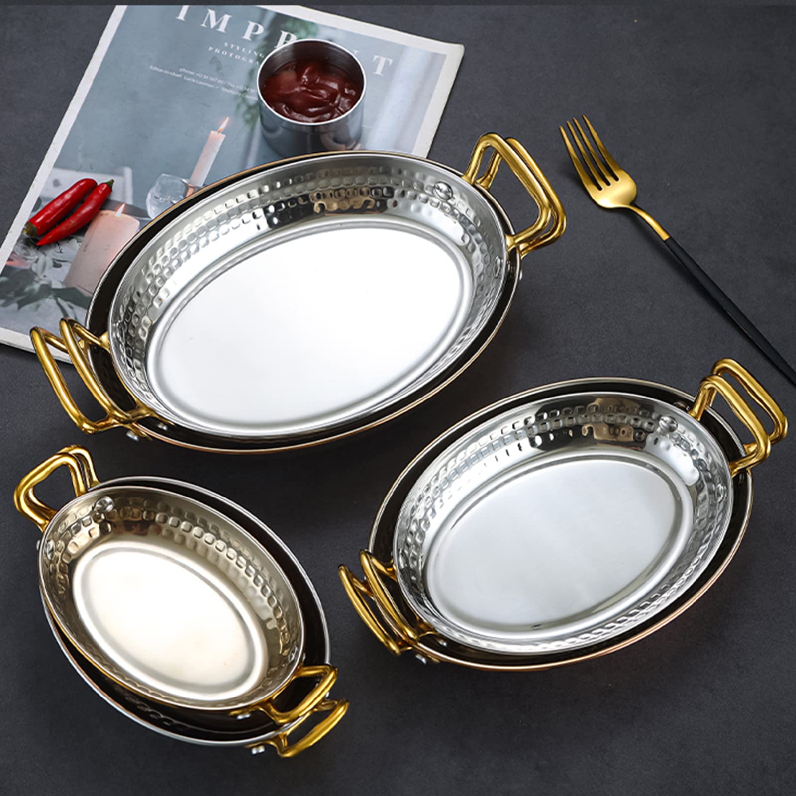 Ellipse - Plato ovalado de acero inoxidable para barbacoa, aperitivo, servicio de alimentos, apto para lavavajillas (16 cm, plateado)