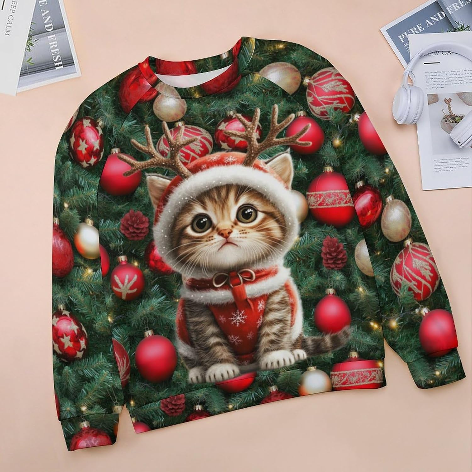 MARSVOVO Ugly Christmas Sweatshirts for Women Cute 3D Cat Print Long Sleeve Shirt Funny Christmas Tops For Women - Image 3