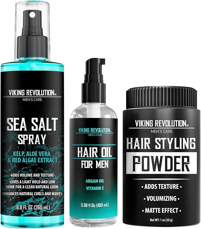 Kit de cuidado y texturización del cabello Viking Revolution para hombres - Juego de 3 piezas | Incluye spray de sal marina, aceite hidratante para el cabello y polvo para peinar, formulado con vitamina E, kit completo para hombres