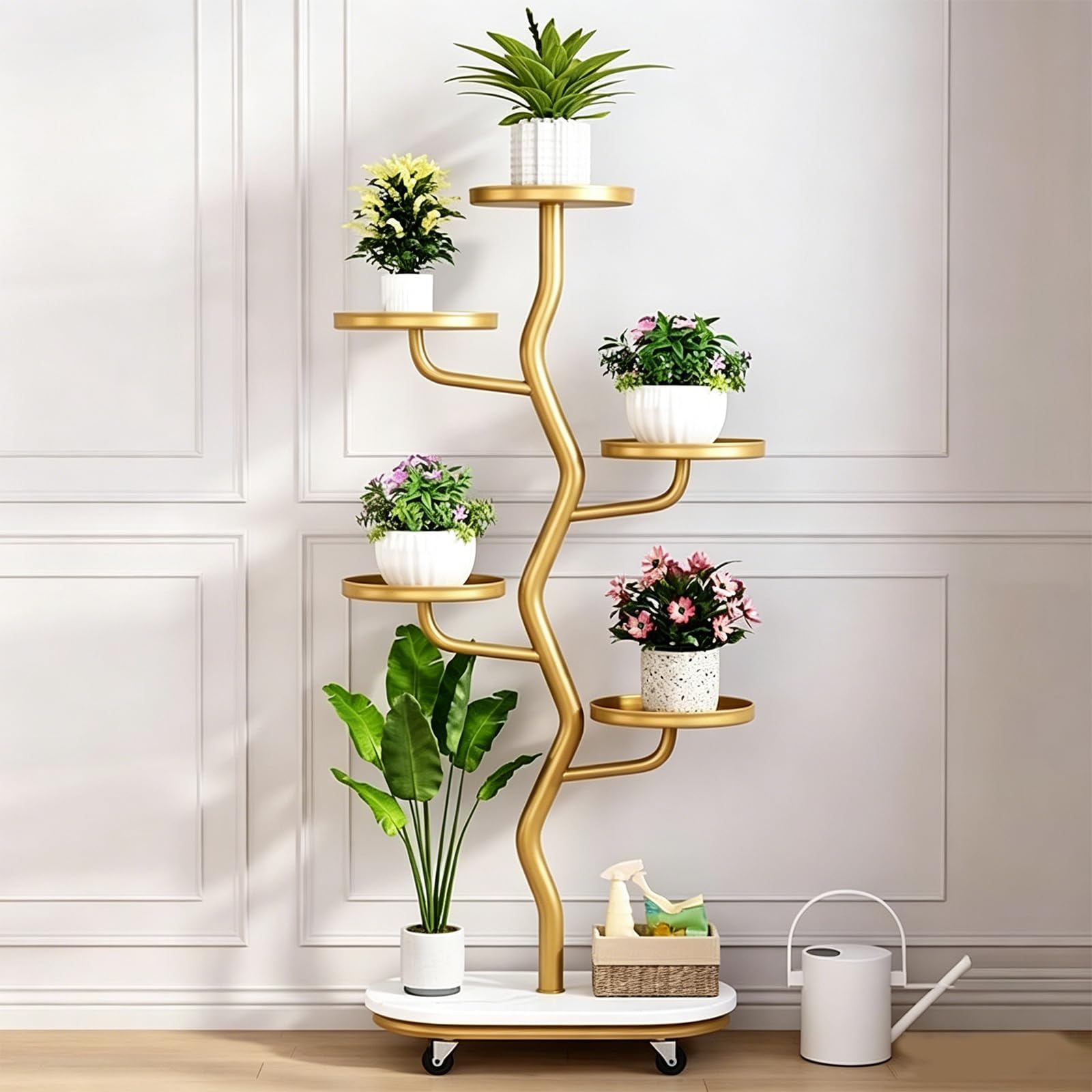 ATRBNCX Tall 6 Tier Corner Plant Stand With Wheels, Sturdy Metal Flower Shelving Unit For Multiple Pots(Color:Yellow)