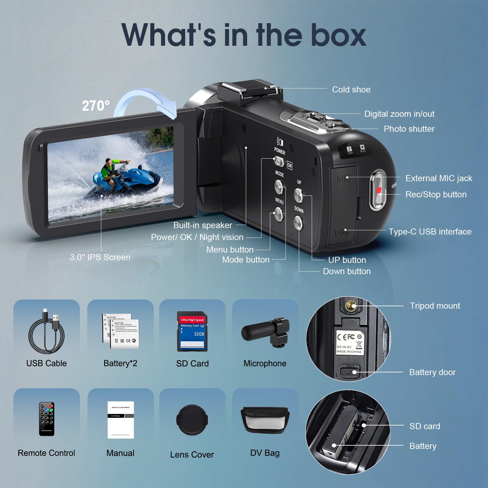 Videokamera 4K 30FPS Camcorder 80MP 18X Digitalzoom IR Nachtsicht Vlogging Kamera 3,0 Zoll IPS-Bildschirm mit 32GB SD-Karte