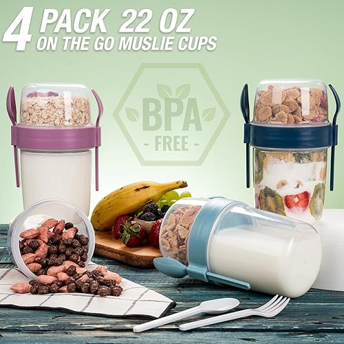 Miniatura 8 de Paquete de 4 Tazas de Desayuno Para Llevar de 22 oz con Tapas y Cuchara, Taza de Cereal y Yogur Reutilizable con Topping, Recipiente de Plástico
