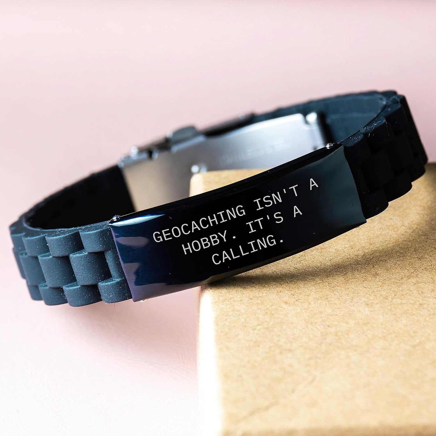 Geocaching Enthusiast Gifts from Men for Father's Day Unique Geocaching Watches with Silver Glide lock Clasp Bracelet - Funny Quote