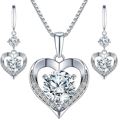 ONLYLIKE Heart Pendant Necklace Earrings, Engraved I LOVE YOU Gift for Wife Girlfriend