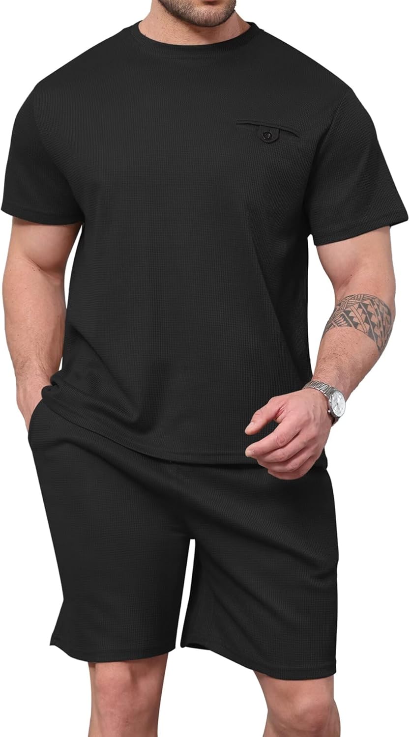 ThusFar Men's Waffle Shirt and Shorts Set 2 Piece Outfits Summer Tracksuits Set with Pockets Athletic Casual Outfits
