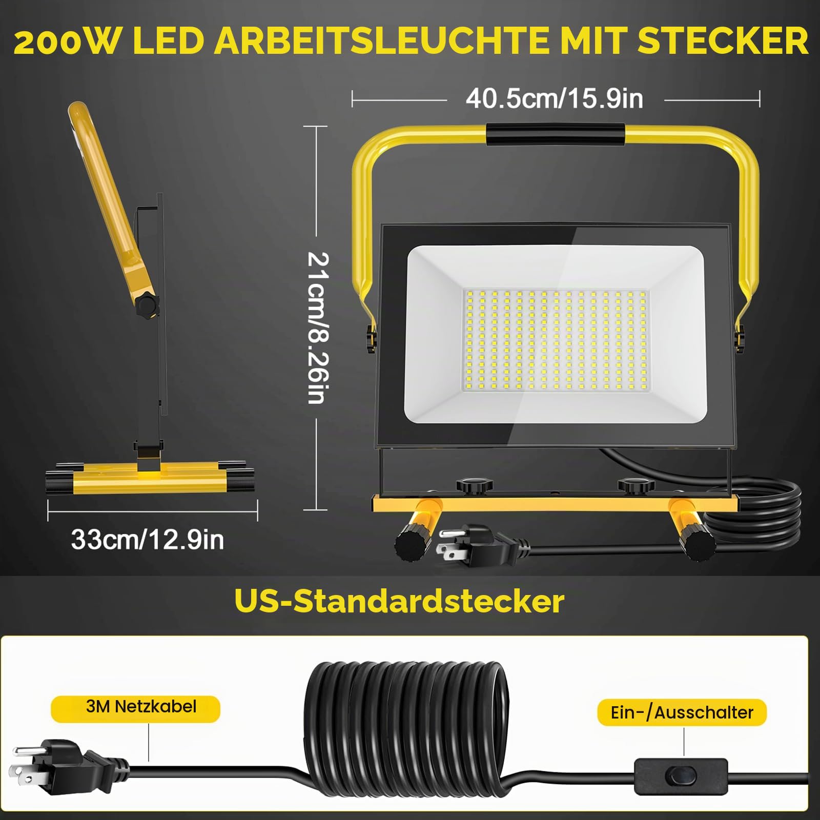 Viugreum LED Baustrahler 200W 20000lumen 6500K Einstellbare Richtung 230V Kaltweiss Scheinwerfer IP66 Wasserdicht Arbeitsscheinwerfer 3 Dimmstufen Bauscheinwerfer mit Stecker 3m Kabel für Baustellen