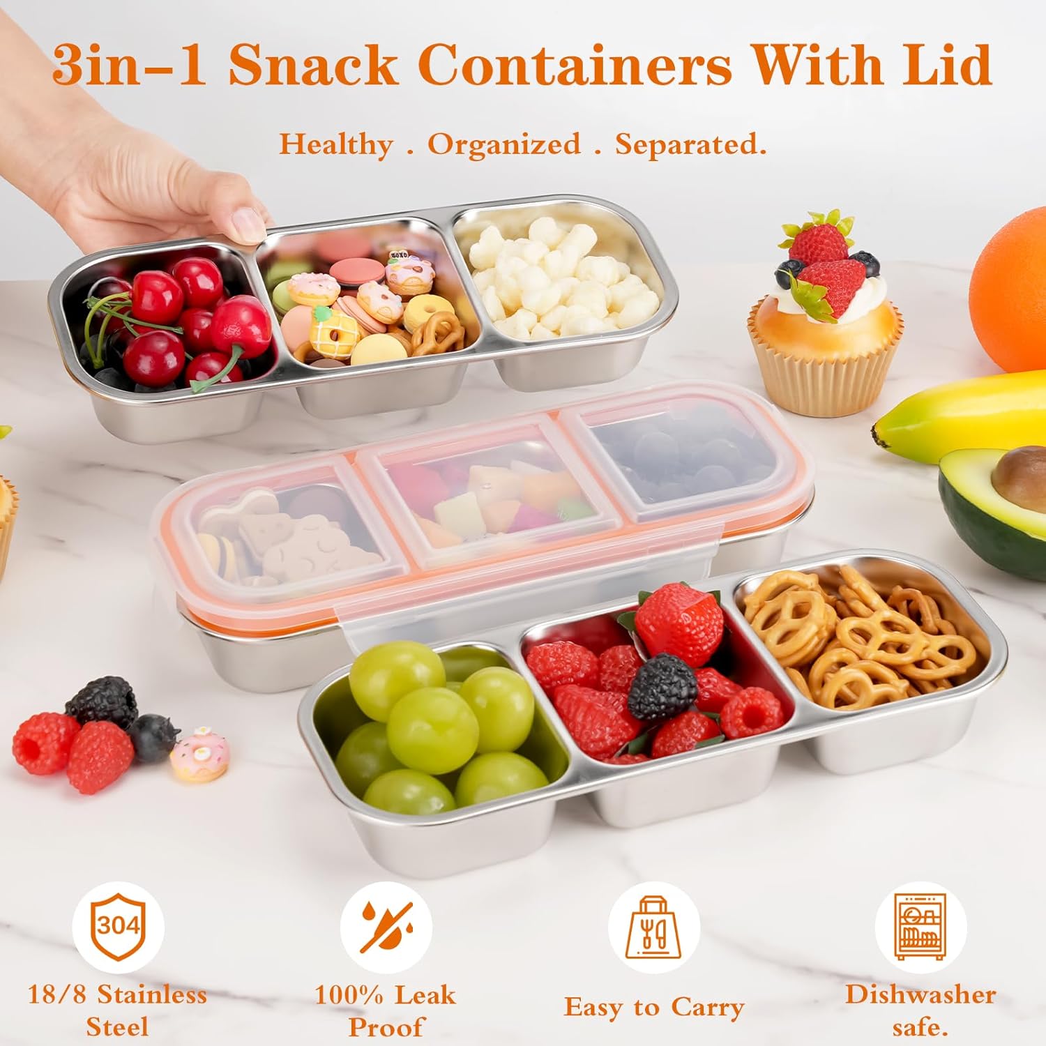 10 Pack Stainless Steel Snack Containers with Lids - 3 Compartments Reusable Metal Bento Boxes Divided Food Storage Containers For School,Office Home And Travel Stackable Lunch Boxes