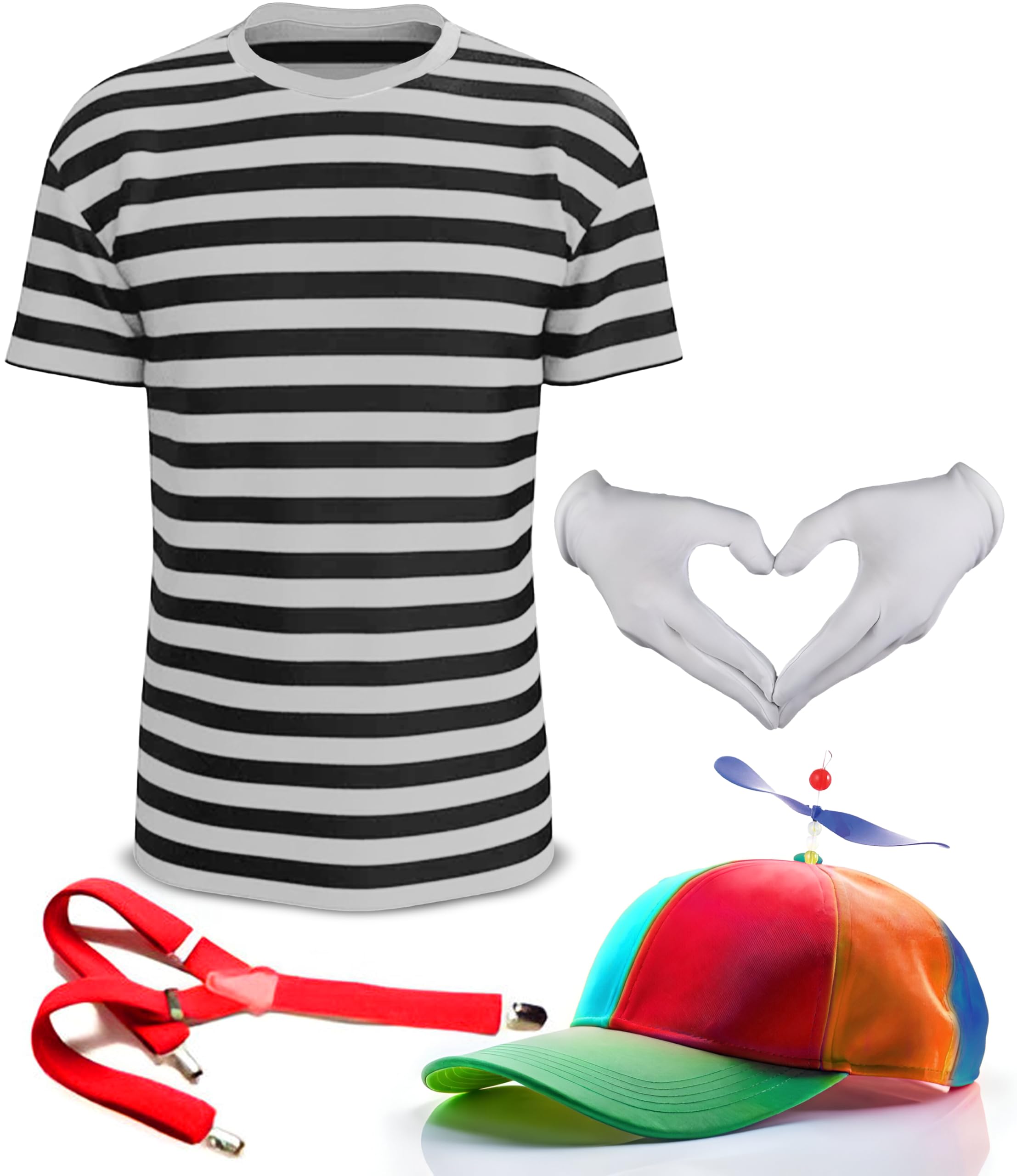 Mega_Jumble Alice in Wonderland Twins Fairy Tale Tweedle Dee or Dum Fancy Dress Costume Set, Black & White Stripe T-Shirt