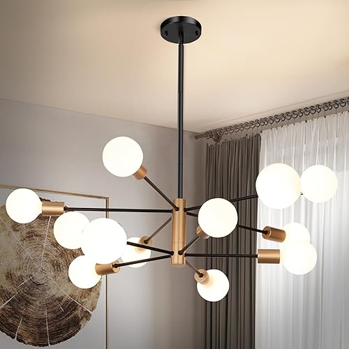 Candelabro Sputnik de 10 luces, lámparas colgantes negras y doradas, moderna lámpara de comedor de granja de latón de mediados de siglo, altura