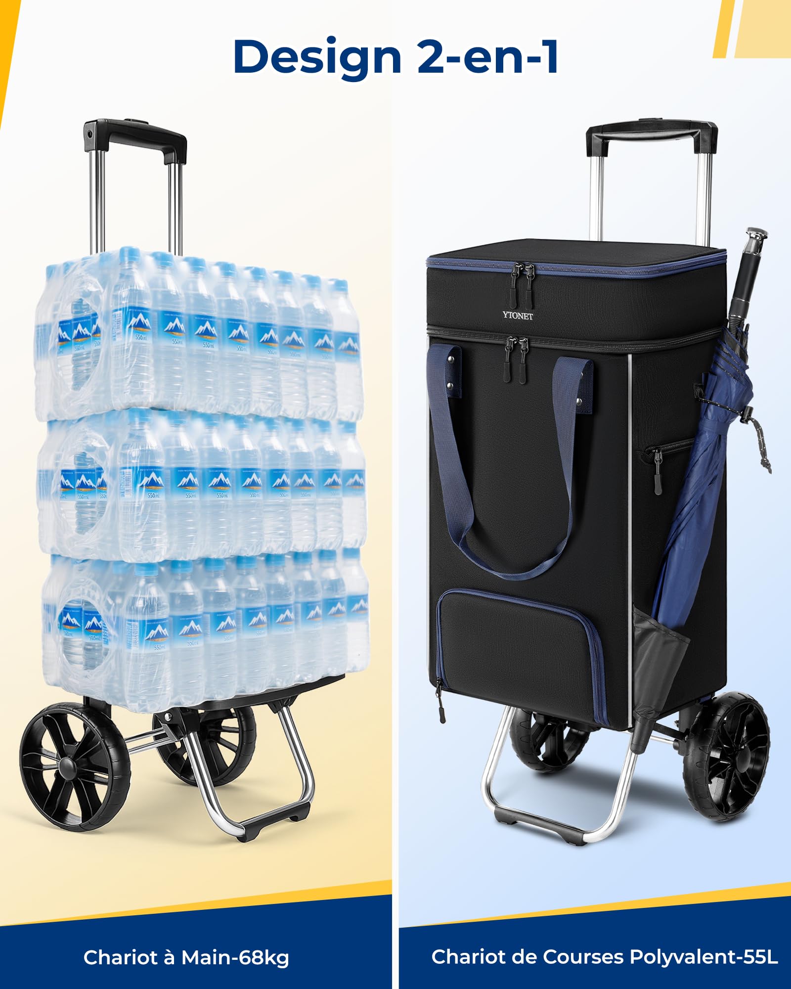 Ytonet Chariot de Courses à roulettes 55L, Caddie de Courses Pliable Porte Jusqu'à 68 kg, Chariot de Courses Imperméable avec Sac Isotherme et Poche Anti-vol, Le Camping, Faire Les Courses, Noir